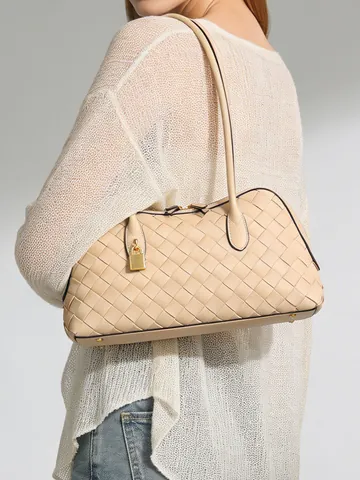Borsa a Spalla Intrecciata in Pelle PU da Donna Borsa Sottobraccio Minimalista Borsa a Mano di Grande Capacità con Lucchetto Dorato