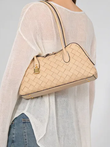 Borsa a Spalla Intrecciata in Pelle PU da Donna Borsa Sottobraccio Minimalista Borsa a Mano di Grande Capacità con Lucchetto Dorato