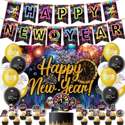 Decorazioni per Feste di Capodanno 2027 Fuochi d'Artificio Neon Banner Fondale Palloncini in Lattice Topper per Torte
