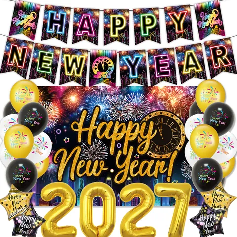 Decorazioni per Feste di Capodanno 2027 Fuochi d'Artificio Neon Banner Fondale Palloncini in Lattice Topper per Torte