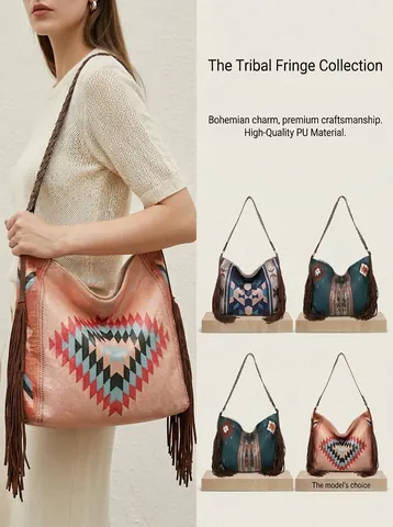 Bohemian Woven Shoulder Bag Women Ethnic Geometric Pattern Large Hobo Tote With Long Tassels Fringe PU Leather Strap