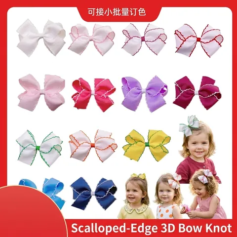 Handmade Girls Grosgrain Ribbon Bow Hair Clips With Scalloped Edge Embroidery Sweet Children Hair Accessories Boutique Gift