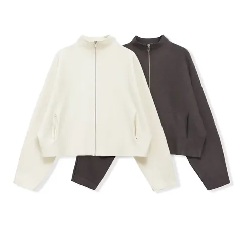 Chaqueta De Punto Para Mujer Cuello Alzado Cremallera Color Sólido Manga Larga Informal Minimalista Sudadera Con Bolsillos
