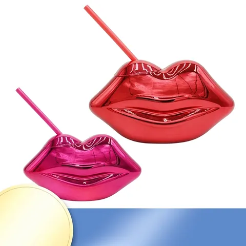 Vaso Con Pajita En Forma De Labios Plástico Galvanizado Espejo Disco Fiesta Retro Brillante Regalo Festivo
