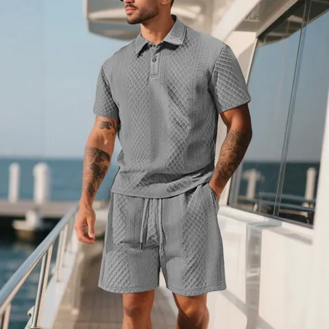 Polo Da Uomo E Pantaloncini Con Coulisse Jacquard Maglia A Nido D Ape Casual Estate Sport Vacanze Completo