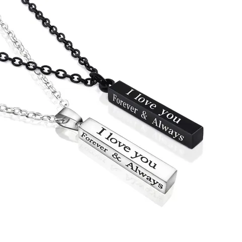 Stainless Steel Rectangle Bar Pendant Necklace Engraved I Love You Forever Always Vertical Pillar Jewelry For Couples