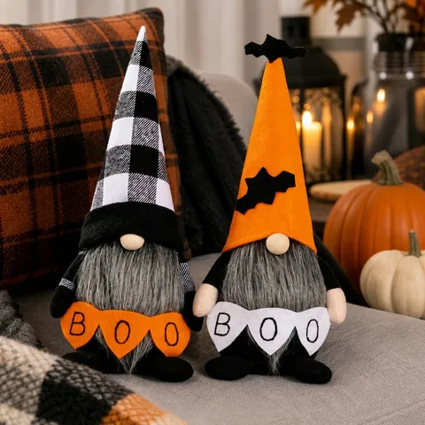 Gnome d'Halloween en Peluche Poupée sans Visage Rudolph Décoration Avec Chapeau Chauve-souris Bonnet à Carreaux pour Fête Maison Cadeau Orange