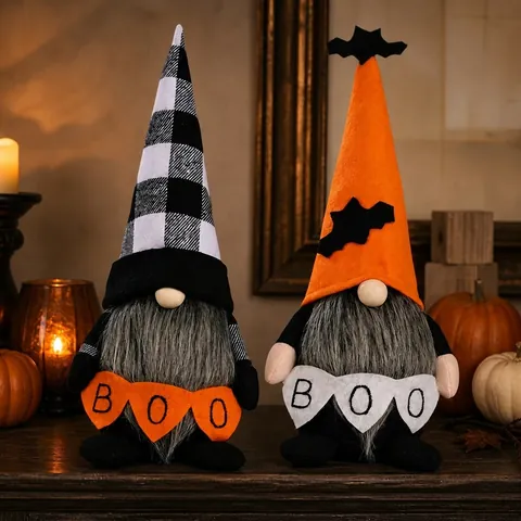 Gnome d'Halloween en Peluche Poupée sans Visage Rudolph Décoration Avec Chapeau Chauve-souris Bonnet à Carreaux pour Fête Maison Cadeau Orange