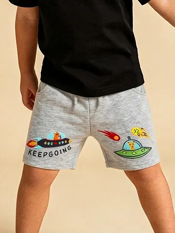 Jungen Baumwolle Shorts Sommer Lässig Grau Kleinkind Shorts Weltraum Rakete UFO Bestickt Keep Going Bequem Shorts