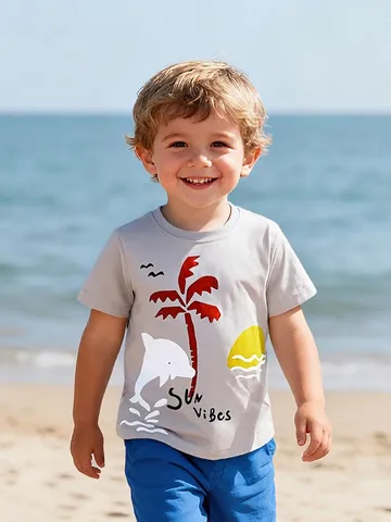 Jungen Kurzarm T-Shirt 100% Baumwolle Lässig Sommer Top Mit Cartoon Delfin Kokospalme Sun Vibes Druck Für Kleinkinder