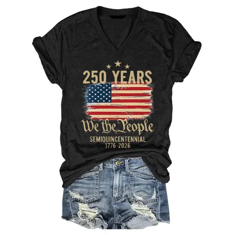 Women's V-Neck Short Sleeve T-Shirt US 250th Anniversary We The People Flag Print Casual Loose Cotton Polyester Top
