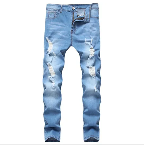 Heren Slim Fit Gescheurde Denim Jeans Stretch Distressed Gewassen Casual Middelhoge Taille Streetwear Katoenmix Lange Broek