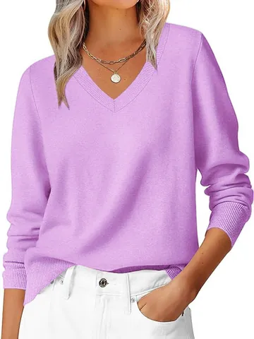Damen Casual V-Ausschnitt Langarmpullover Weicher Strick Pullover Top Einfarbig Eleganter Jumper Rippbündchen Jumper Für Herbst