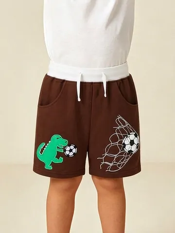 Pantaloncini Sportivi in Cotone Casual da Ragazzo Estate Ricamo Dinosauro Calcio Coulisse Morbidi Traspiranti per Bambini Marrone Scuro