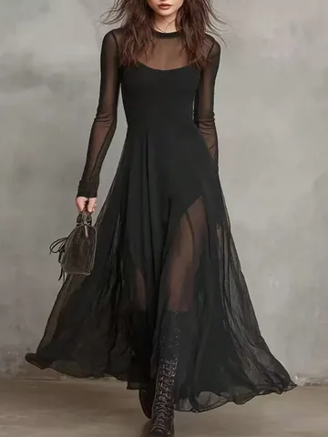 Maxi Dress And Vest Black Mesh Patchwork Long Sleeve Round Neck Slim Fit Elegant Gothic Sheer Panel Women