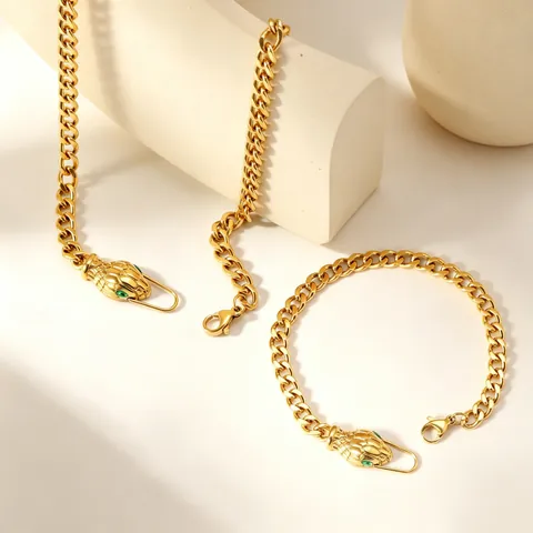 Snake Head Necklace And Bracelet Stainless Steel 18K Gold Plated Green Zircon Eyes Curb Chain Retro Luxury Jewelry Women