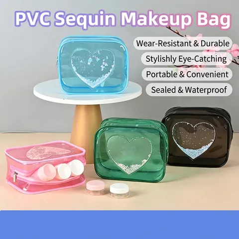 Bolsa De Maquillaje De PVC Transparente Corazón Lentejuelas Neceser Impermeable Viaje Almacenamiento Cosméticos Mujer