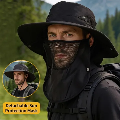 Outdoor Wide Brim Sun Hat Men Detachable Face Mask Neck Cover Breathable Fishing Hiking Bucket Hat Summer Sunscreen Cap
