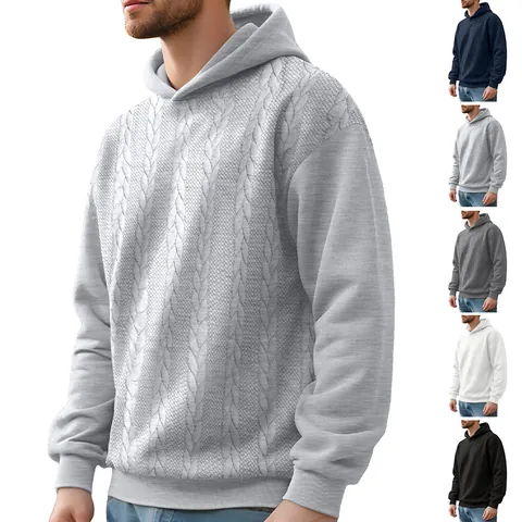 Heren Kabelgebreide Hoodie Effen Kleur Lange Mouwen Pullover Sweatshirt Casual Gebreide Kleding Herfst