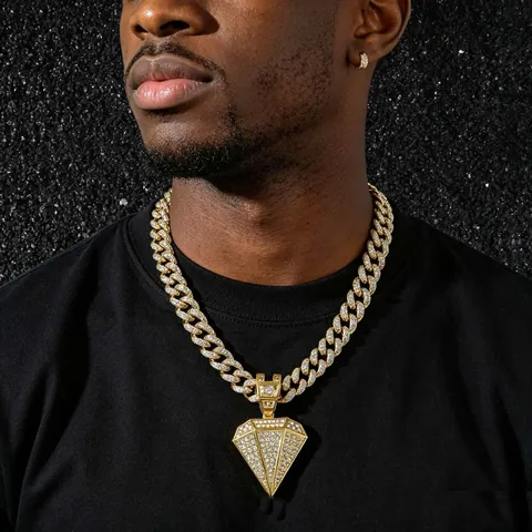 Men's Iced Out Hip Hop Zinc Alloy Necklace Full Rhinestone Pave Cuban Link Chain With Large Diamond Shaped Pendant Jewelry
