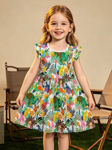 Mädchen Sommer Tropisch Tierdruck Kleid Ärmellos Rüschen Baumwolle Prinzessinnenkleid Für Kleinkinder Kinder Freizeit Strand Party