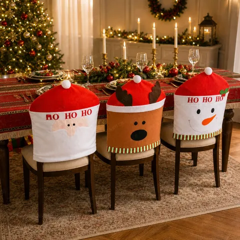 Kerst Stoelhoezen Polyester Kerstman Sneeuwpop Rendier Cartoon Eetkamer Stoelhoezen Voor Hotel Restaurant Vakantie Decoratie