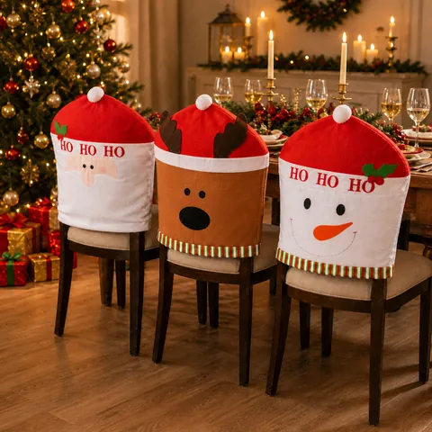 Kerst Stoelhoezen Polyester Kerstman Sneeuwpop Rendier Cartoon Eetkamer Stoelhoezen Voor Hotel Restaurant Vakantie Decoratie
