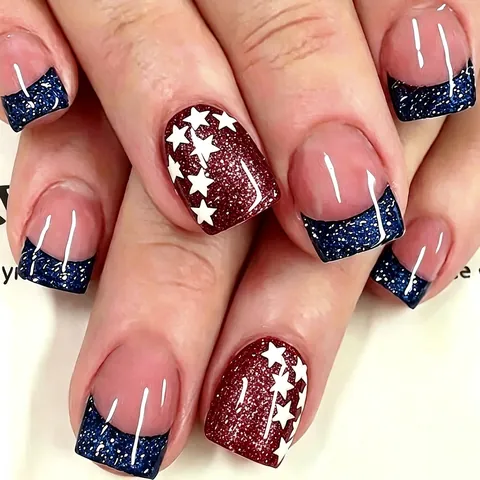 Press On Nails Short Square Blue French Tip Red Glitter With White Star Pattern Patriotic Style Artificial Nails Women