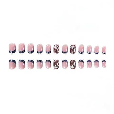 Press On Nails Short Square Blue French Tip Red Glitter With White Star Pattern Patriotic Style Artificial Nails Women