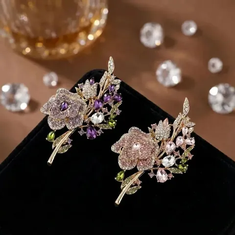 Elegante Broche de Ramo de Rosas de Aleación Con Strass Brillantes Broche de Flor Vintage para Vestido de Mujer Joyería
