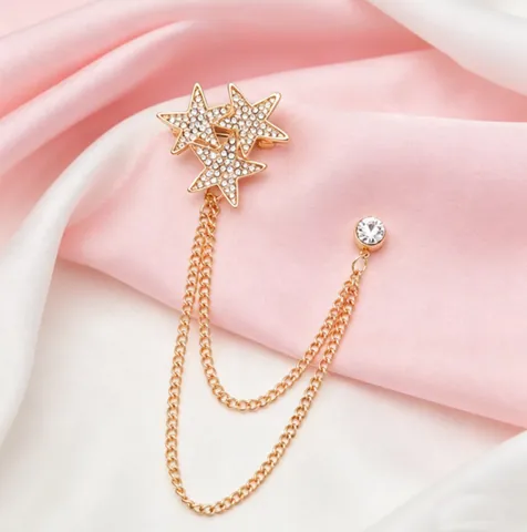 Fashion Alloy Rhinestone Star Brooch With Double Layer Chain Tassel Elegant Gold Silver Pin For Unisex Clothing Accessories