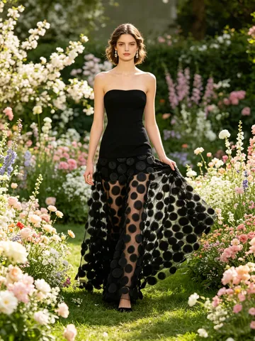 Abito Maxi Senza Spalline Patchwork Mesh Pois 3D Tubino Vita Alta Elegante Festa Sera Abito Lungo Formale Per Donna