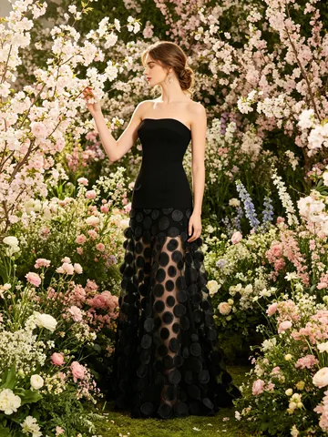 Abito Maxi Senza Spalline Patchwork Mesh Pois 3D Tubino Vita Alta Elegante Festa Sera Abito Lungo Formale Per Donna