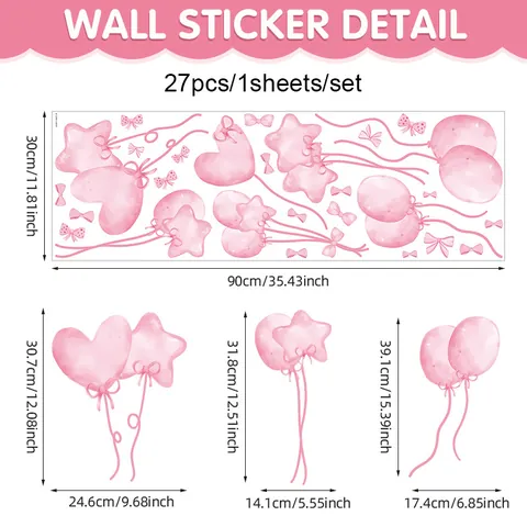 Cartoon Rosa Aquarell Ballon Bogen Herz Stern Wandaufkleber PVC Selbstklebend Kinderzimmer Dekoration