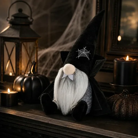 Poupée Gnome Sans Visage d'Halloween Gnome Sorcier Vampire Avec Cape Toile d'Araignée Ornement de Table en Peluche Fait à la Main pour Fête Décor Maison