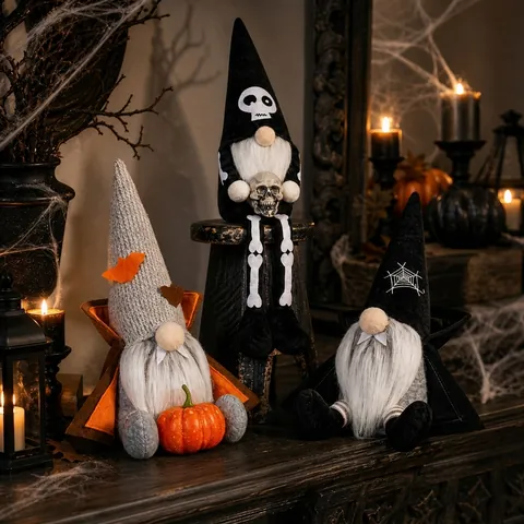 Poupée Gnome Sans Visage d'Halloween Gnome Sorcier Vampire Avec Cape Toile d'Araignée Ornement de Table en Peluche Fait à la Main pour Fête Décor Maison