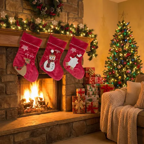 Calcetín de Navidad de Terciopelo Reno Muñeco de Nieve Oso Polar Aplique Bordado Decoración de Chimenea Bolsa de Regalo