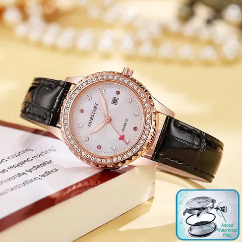Reloj de Cuarzo Elegante para Mujer Esfera de Nácar Bisel de Diamantes de Imitación Calendario Luminoso Correa de Cuero