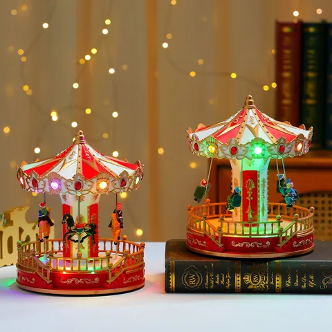 Christmas Luminous Music Box Carousel Swing Rotating LED Light Resin Ornament European Style Xmas Decoration Holiday Gift