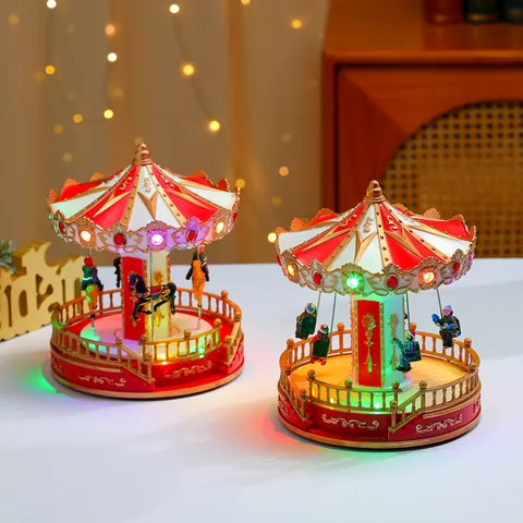 Christmas Luminous Music Box Carousel Swing Rotating LED Light Resin Ornament European Style Xmas Decoration Holiday Gift