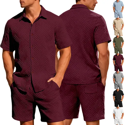 Tenue Été Homme Décontractée Chemise Manches Courtes Et Short Jacquard Texturé Géométrique Boutonné Col Urbain Mode