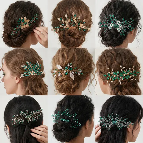 Peigne à Cheveux de Luxe Européen en Strass Vert Émeraude Accessoires de Mariage Style Forêt avec Feuilles d'Or