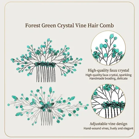 Peigne à Cheveux de Luxe Européen en Strass Vert Émeraude Accessoires de Mariage Style Forêt avec Feuilles d'Or