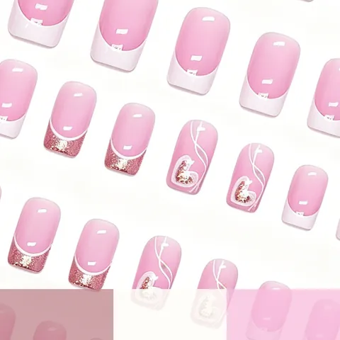 Press On Nails French Tip White Heart Design Gold Glitter Nude Pink Square Artificial Fake Nails For Women