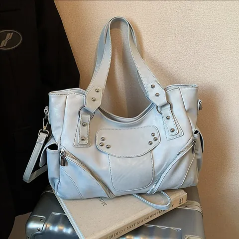 Sac Fourre-Tout Moto en Cuir PU Vintage Décor de Rivets Multi Poches Grande Capacité Sac à Épaule Sous le Bras Mode Femme