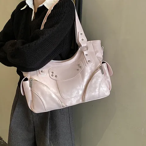 Sac Fourre-Tout Moto en Cuir PU Vintage Décor de Rivets Multi Poches Grande Capacité Sac à Épaule Sous le Bras Mode Femme