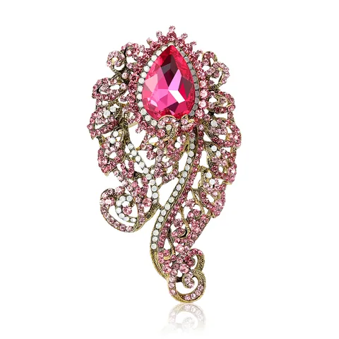 Vintage Luxurious Alloy Rhinestone Teardrop Brooch Pin For Women Antique Gold Large Crystal Floral Corsage Jewelry Accessory