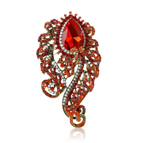 Vintage Luxurious Alloy Rhinestone Teardrop Brooch Pin For Women Antique Gold Large Crystal Floral Corsage Jewelry Accessory