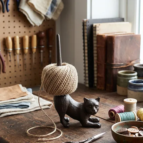 Vintage Cast Iron Cat Twine Holder Decorative Metal Rope Organizer Antique Style For Crafting Home Garden