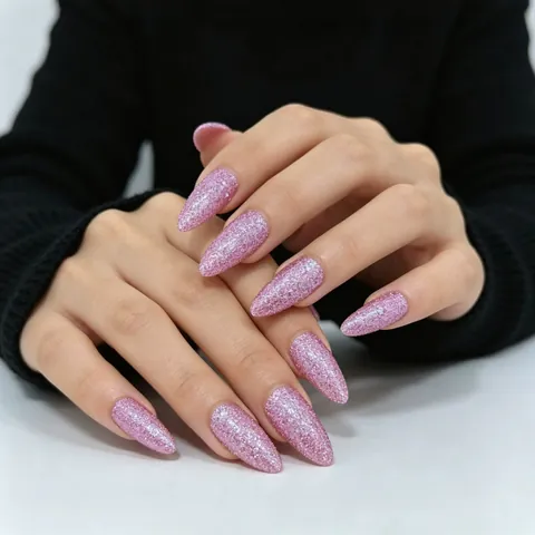 Kunstnagels Amandelvorm Roze Paars Glitter Volledige Dekking Lange Kunstnagels Voor Vrouwen